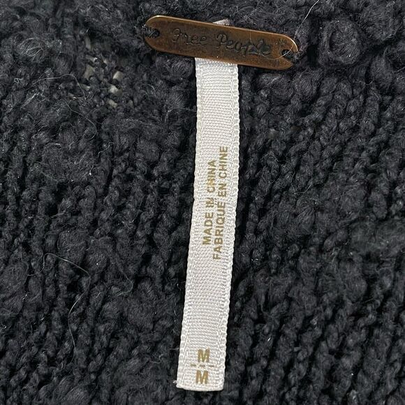 Free People Oversized Sweater Sz M Black/Ivory Pullover Open Weave Sides Cotton - Picture 10 of 11